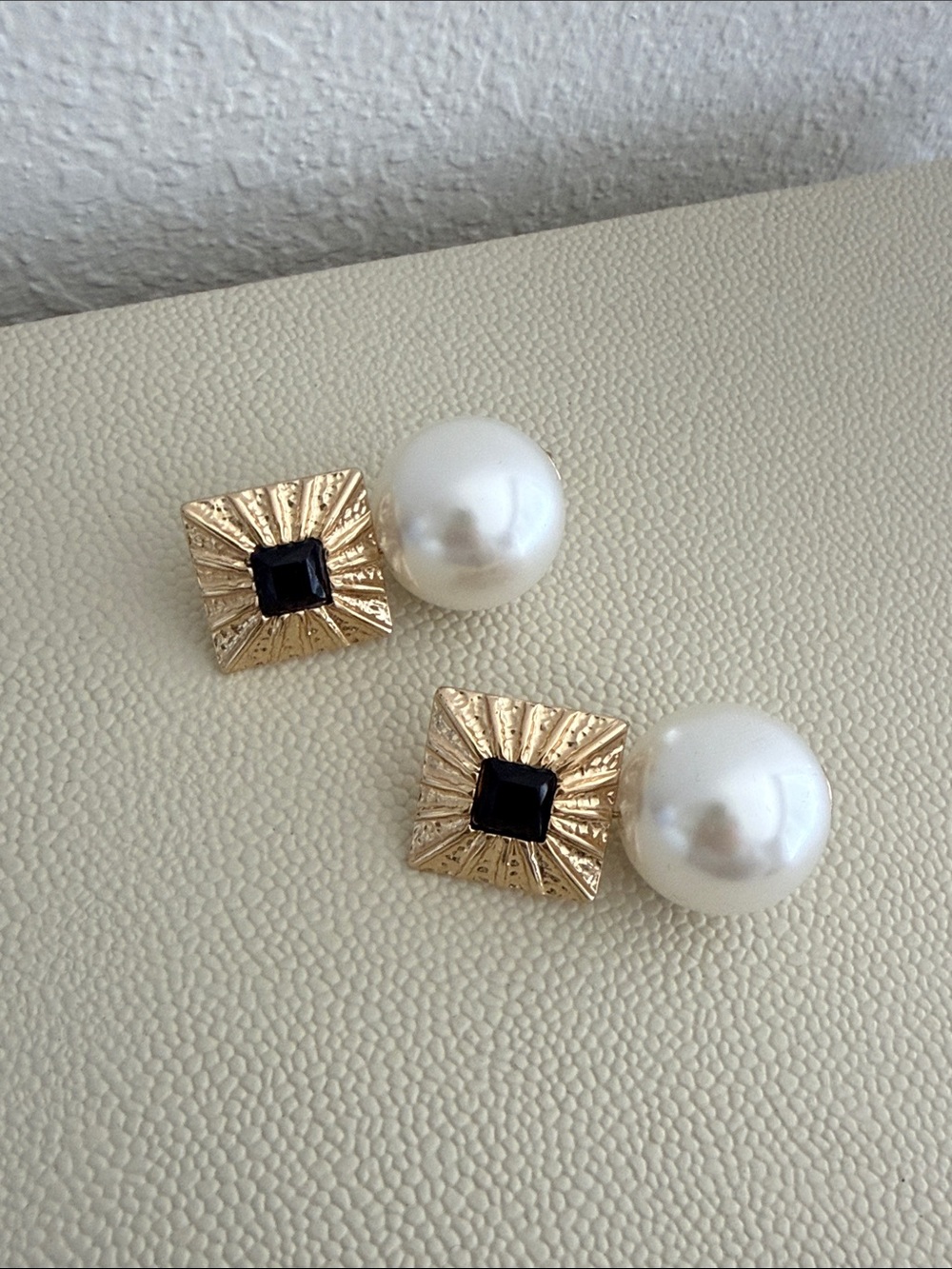 Gold & Pearl Double-Sided Stud Earrings with Black Accent